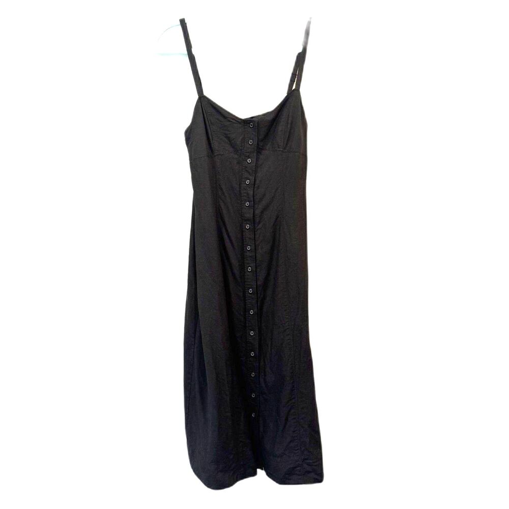 New York & Company Midi Dress Linen Black Full Button Front 90s Y2K Womens Sz 8